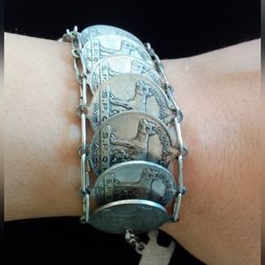 Vintage italian souvenir bracelet silver-tone linked faux coin scenes of Rome